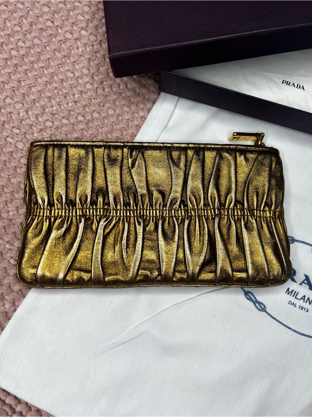 PRADA Metallic Gold Ruched Leather Clutch - Picture 4 of 11